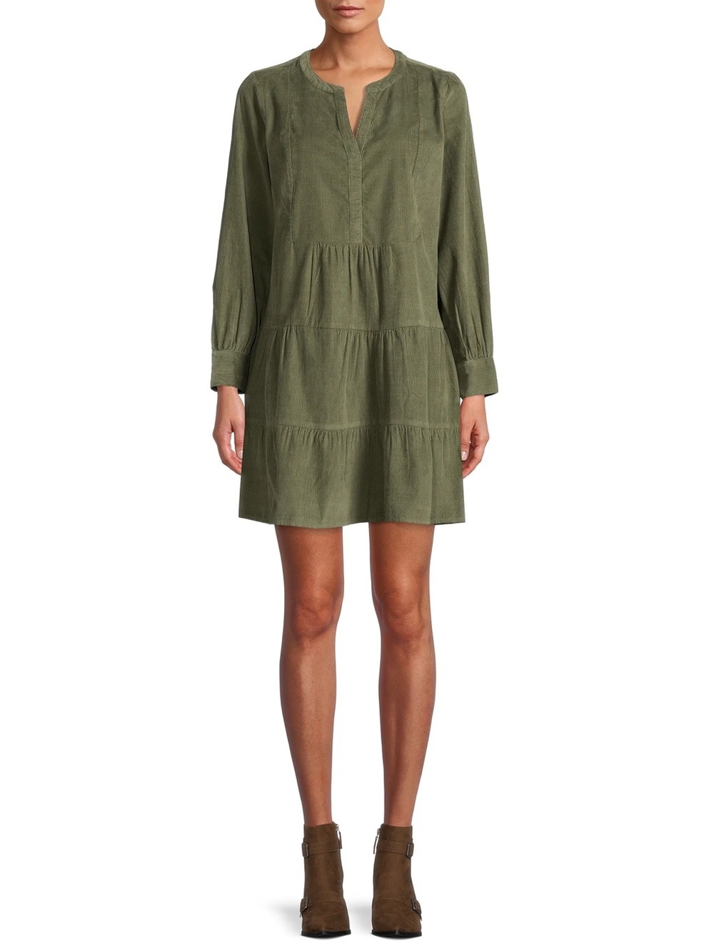 Time and True Olive Green Long Sleeve Tiered Mini Dress Size Medium USA 8-10
